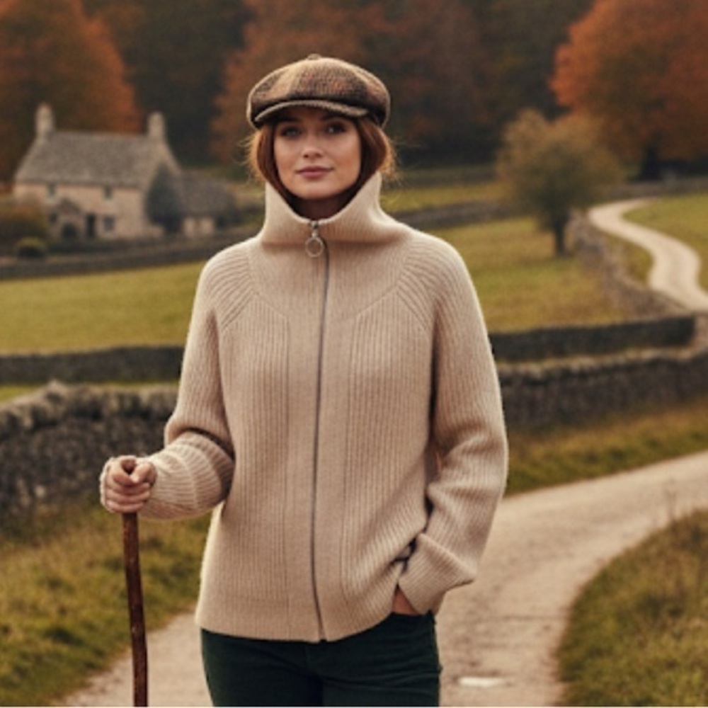 H & M high neck ribbed full zip longsleeved knit in oatmeal